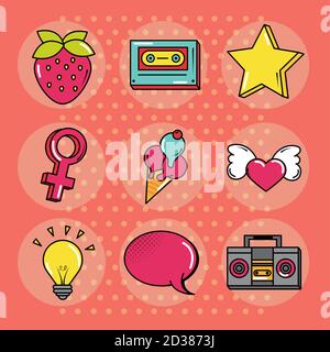 Pop Art Comic-Stil, Mode retro flache Symbole Set Vektor Illustration Stock Vektor