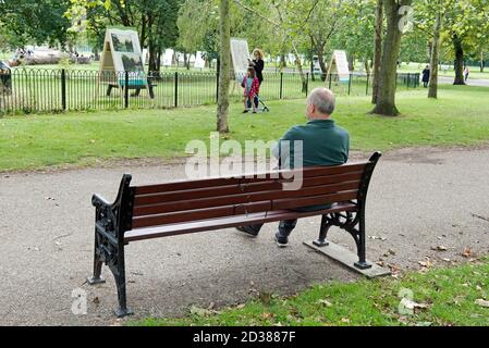 Älterer oder älterer Mann, der auf der Bank Finsbury Park sitzt, aufgenommen von hinten, London Borough of Haringey Stockfoto