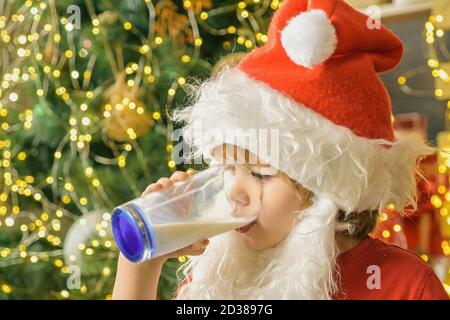 Weihnachtsmann hält Weihnachtskekse und Milch vor Christbaumhintergrund. Milch und Kekse für den Weihnachtsmann. Weihnachtsmann. Nahaufnahme von wenig Stockfoto