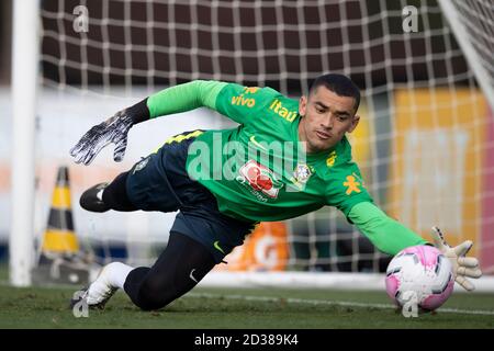 7. Oktober 2020; Granja Comary, Teresopolis, Rio de Janeiro, Brasilien; Qatar 2022 Qualifiers; Santos von Brasilien während der Trainingseinheit Stockfoto