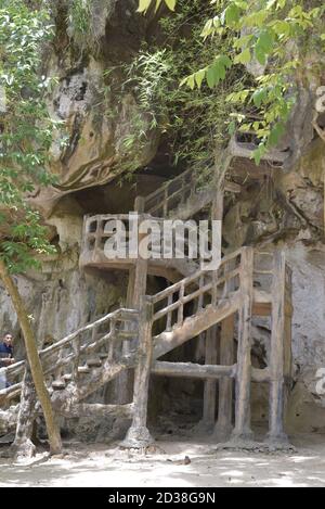 Eine alte hölzerne Wendeltreppe, die zu einer Höhle führt Ein Wald in Thailand Stockfoto