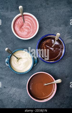 Vier Arten geschmolzener Schokolade in Schalen. Dunkle Schokolade, Milchschokolade, weiße Schokolade und Rubinschokolade Stockfoto