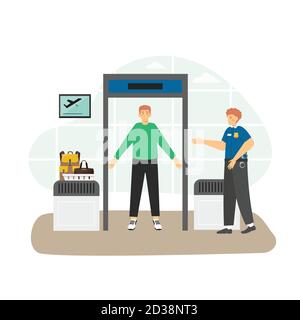 Sicherheitskontrolle am Flughafen, Verfahren zur Überprüfung von Passagieren und Gepäck, flache Vektorgrafik. Stock Vektor