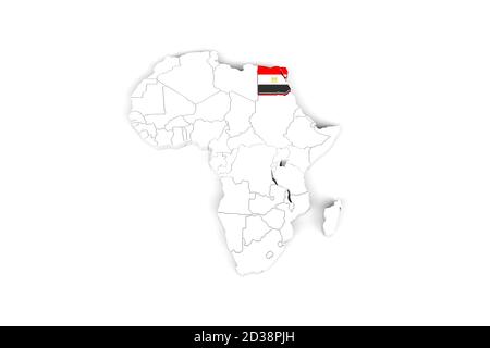 Afrika 3d-Karte mit markierten Grenzen - Ägypten markiert Mit Ägypten Flagge - isoliert auf weißem Hintergrund - 3D Abbildung Stockfoto