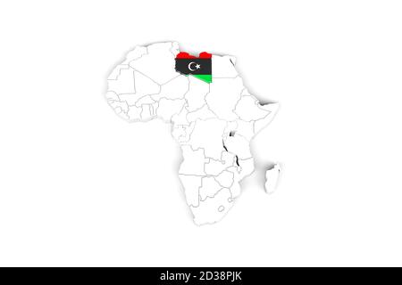 Afrika 3d Karte mit Grenzen markiert - Libyen Gebiet markiert Mit Libyens Flagge - isoliert auf weißem Hintergrund - 3D Abbildung Stockfoto