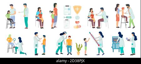 Kinderarzt Ärzte und Patienten, flache Vektorgrafik. Eltern mit Kindern besuchen Arzt. Kinder medizinische Untersuchung Stock Vektor