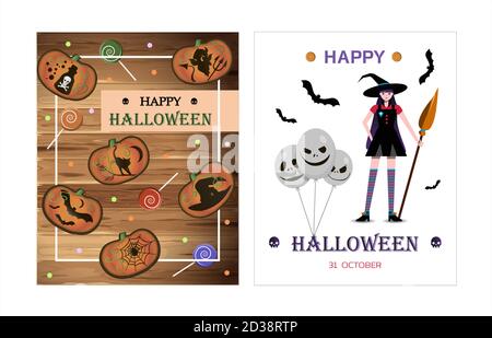 Halloween Party Design Vorlage, mit Kürbis, Süßigkeiten, Spinnen, Hexen, Cookies, Ballons und Verkaufsinformationen. Flyer für Werbung. Verkauf oder Partys. Ein Satz von hellen Illustrationen für alle Heiligen Tag Stock Vektor
