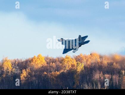 Ein US Air Force F-22 Raptor Flugzeug, das dem 90. Jagdgeschwader zugewiesen wurde, fliegt über Joint Base Elmendorf-Richardson, Alaska, 6. Oktober 2020. Die Kombination aus Stealth, aerodynamischer Leistung, integriertem Bordoniksystem, Sensorfusionen und fortschrittlichen Waffen macht den Jet der vierten Generation überlegen. F-22s sind eines der führenden Stealth-taktischen Kampfflugzeuge der US Air Force. Stockfoto