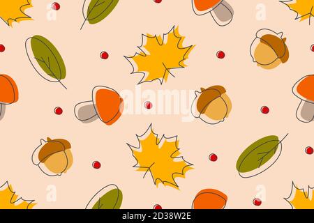 Herbst nahtloses Muster mit Eicheln, Pilzen, Beeren und Blättern in beige, grünrot und braun. Stock Vektor