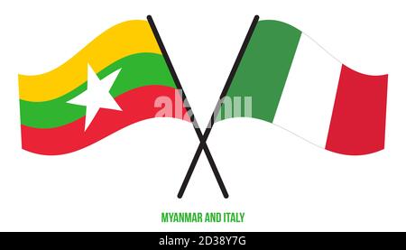Myanmar und Italien Flaggen gekreuzt und winken Flat Style. Offizieller Anteil. Richtige Farben. Stock Vektor
