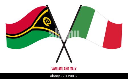 Vanuatu und Italien Flaggen gekreuzt und winken Flat Style. Offizieller Anteil. Richtige Farben. Stock Vektor
