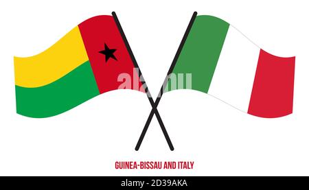 Guinea-Bissau und Italien Flaggen gekreuzt und winken Flat Style. Offizieller Anteil. Richtige Farben. Stock Vektor