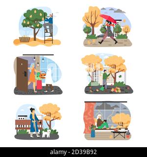 Herbst Saison Set, flache Vektorgrafik. Herbstwetter. Menschen, die im Park spazieren, ernten, tricksen oder behandeln. Stock Vektor