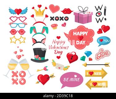 Valentinstag Fotokabine Requisiten, Party Dekoration Set, flache Vektor isoliert Illustration. Stock Vektor