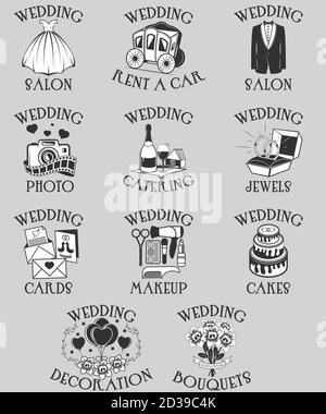 Vektor-Set von Hochzeit Piktogramme. Schwarze Umrisse Ehe Feier Symbole und isolierte Symbole für Website-Design und mobile Apps. Schwarz und Weiß Stock Vektor