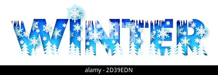 Winter Wort mit Papier geschnitten Bäume, Eiszapfen, Schneeflocken, Vektor-Illustration. Winter Saison Typografie Banner Vorlage. Stock Vektor