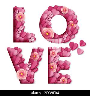 Liebe Wort aus schönen Papier geschnitten rosa Blumen und Herzen, Vektor-Illustration. Liebe Typografie Banner Vorlage. Stock Vektor