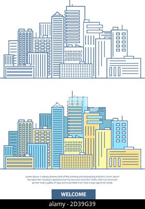 Stadt Wolkenkratzer Vektor horizontalen Banner. Reiseposter mit Stadtgebäuden, Häusern, Stadtbild und Ort für Text. Flaches, lineares Design Stock Vektor