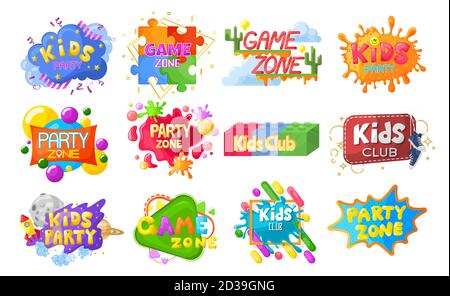 Kids Party Emblem, Logo, Banner, Label-Set, flache Vektor isolierte Illustration. Kinderclub Dekoration. Stock Vektor