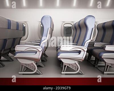 Blick auf einen Flugkorridor mit Sitzreihen. 3D-Illustration. Stockfoto