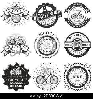 Vector Set von Fahrrad-Werkstatt-Etiketten und Design-Elemente in Vintage schwarz-weiß-Stil. Fahrradlogo Stock Vektor