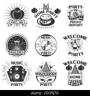 Vector Party Set von Emblemen, Abzeichen, Aufkleber oder Banner. Designelemente im Vintage-Stil. Schwarze Symbole und Logo auf weißem Hintergrund isoliert Stock Vektor