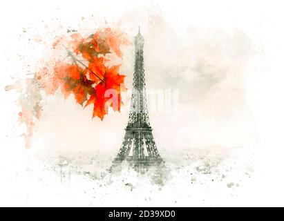 Eiffelturm in Paris, Aquarelltechnik Stockfoto
