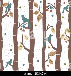 Nahtlose Baum Muster mit großen Vögel, Beeren und Blätter. Herbst Design. Vector Illustration. Stock Vektor