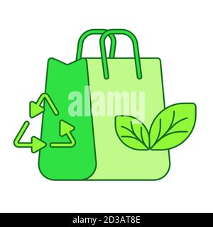 Recycling-Tasche Konzept Tragetasche Blatt Recycling-Symbol weiß isoliert Hintergrund mit grünen Thema flache Umriss Stil Stock Vektor