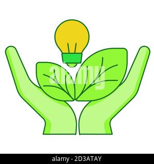 Energiesparkonzept Hand halten Blatt Glühbirne weiß isoliert Hintergrund mit grünen Thema flache Umriss Stil Stock Vektor