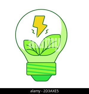 Erneuerbare Energie Konzept Blitzblatt in Lampe Lampe weiß isoliert Hintergrund mit grünen Thema flache Umriss Stil Stock Vektor