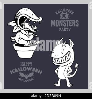 Set von Cartoon-Monster für Halloween. Eine Sammlung von schwarzen Silhouetten mystischer Kreaturen. Stock Vektor