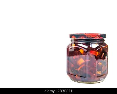 Obst und Gemüse aus der Dose in Gläsern. Stockfoto