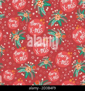 Merry X-Mas Blume Vektor-Muster nahtlos rot. Wiederholende Weihnachten Hintergrund mit Weihnachtsstern Blumen und Sterne. Verwenden Sie für Geschenkverpackung, Feiertagsgruß Stock Vektor