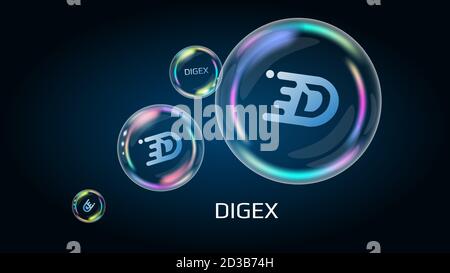 DIGEX Token Symbol in Seifenblase, Münze defi Projekt dezentrale Finanzierung. Die finanzielle Pyramide wird bald platzen und zerstört. Vektor EPS10. Stock Vektor