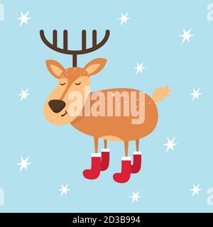 Niedliche Weihnachtskarte mit lustigen Hirschen in Filzstiefeln. Handgezeichnetes Design. Vektorgrafik Stock Vektor