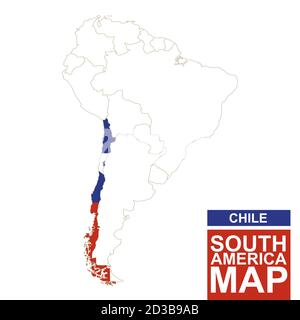 Südamerika konturierte Karte mit markiertem Chile. Chile Karte und Flagge auf Südamerika Karte. Vektorgrafik. Stock Vektor