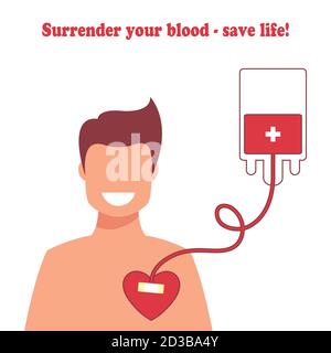 Blutspendertag Konzept für Poster. Der Kerl nimmt das gespendete Blut. Vektorgrafik. Flaches Design. Der Mensch spendet Blut Stock Vektor