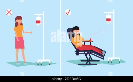 Ein Mädchen gibt Blut, das auf einem medizinischen Stuhl sitzt und Blut gibt. Gespendete Blutspenden. Vektorgrafik Stock Vektor