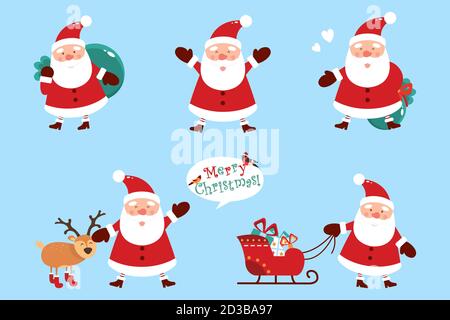 Set von Weihnachtsmännern mit Geschenken auf blauem Hintergrund. Vektorgrafik Stock Vektor