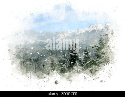 Winterlandschaft, leer für Text oder Postkarte, Aquarellillustration Stockfoto