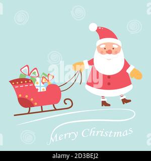 Fröhlich und niedlich Weihnachtsmann zieht Geschenke in einem Schlitten. Zeichentrickfigur. Weihnachtskarte Stock Vektor