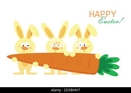 Niedliche drei Kaninchen halten riesige Karotten. Vektorgrafik Stock Vektor