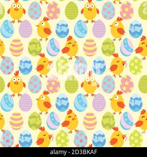 Gelbe Tapete mit gelben Hühnern in verschiedenen Posen in bunten Eiern. Geeignet für ostern. Muster. Vektor. Stock Vektor