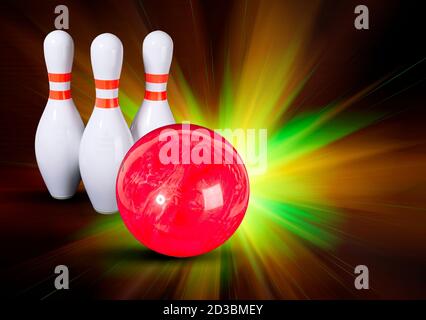 Bowling. Bowling Ball und Bowling Pins auf einem schönen Hintergrund Stockfoto