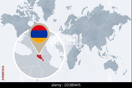 Abstrakte blaue Weltkarte mit vergrößerten Armenien. Armenien Flagge und Karte. Vektorgrafik. Stock Vektor