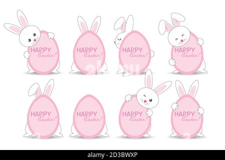 Ein Satz Osterhasen versteckt sich hinter einem rosa Ei mit einer Osterfeiertagsschrift. Vektorgrafik Stock Vektor