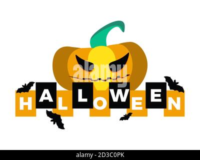 Halloween. Text mit gruseligen Kürbis und Fledermäusen auf weißem Hintergrund. Vektorgrafik Stock Vektor