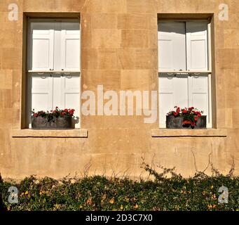 Ein paar große Fenster mit hübschen Fensterboxen aus roten Geranien. Stockfoto