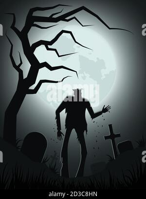 Silhouette eines gruseligen Zombie im Alten Friedhof auf Der Hintergrund des Vollmondes Stockfoto